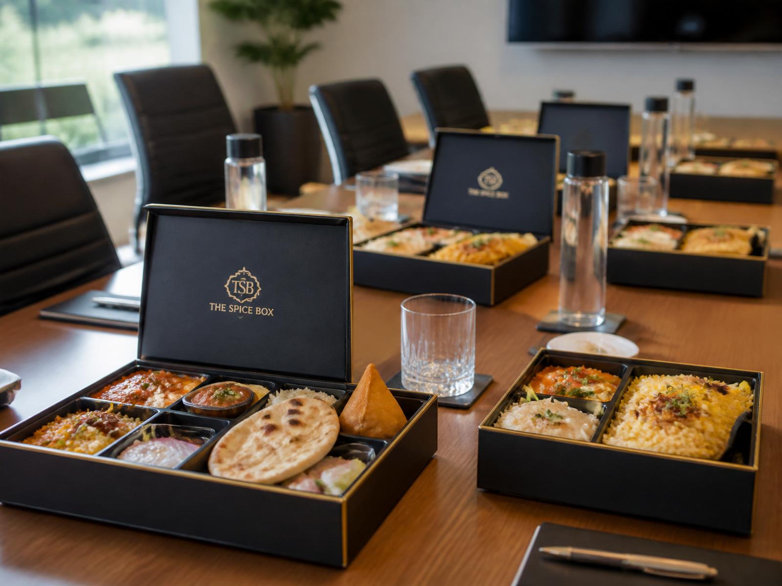 Elegant boxed Indian corporate catering in a modern conference room