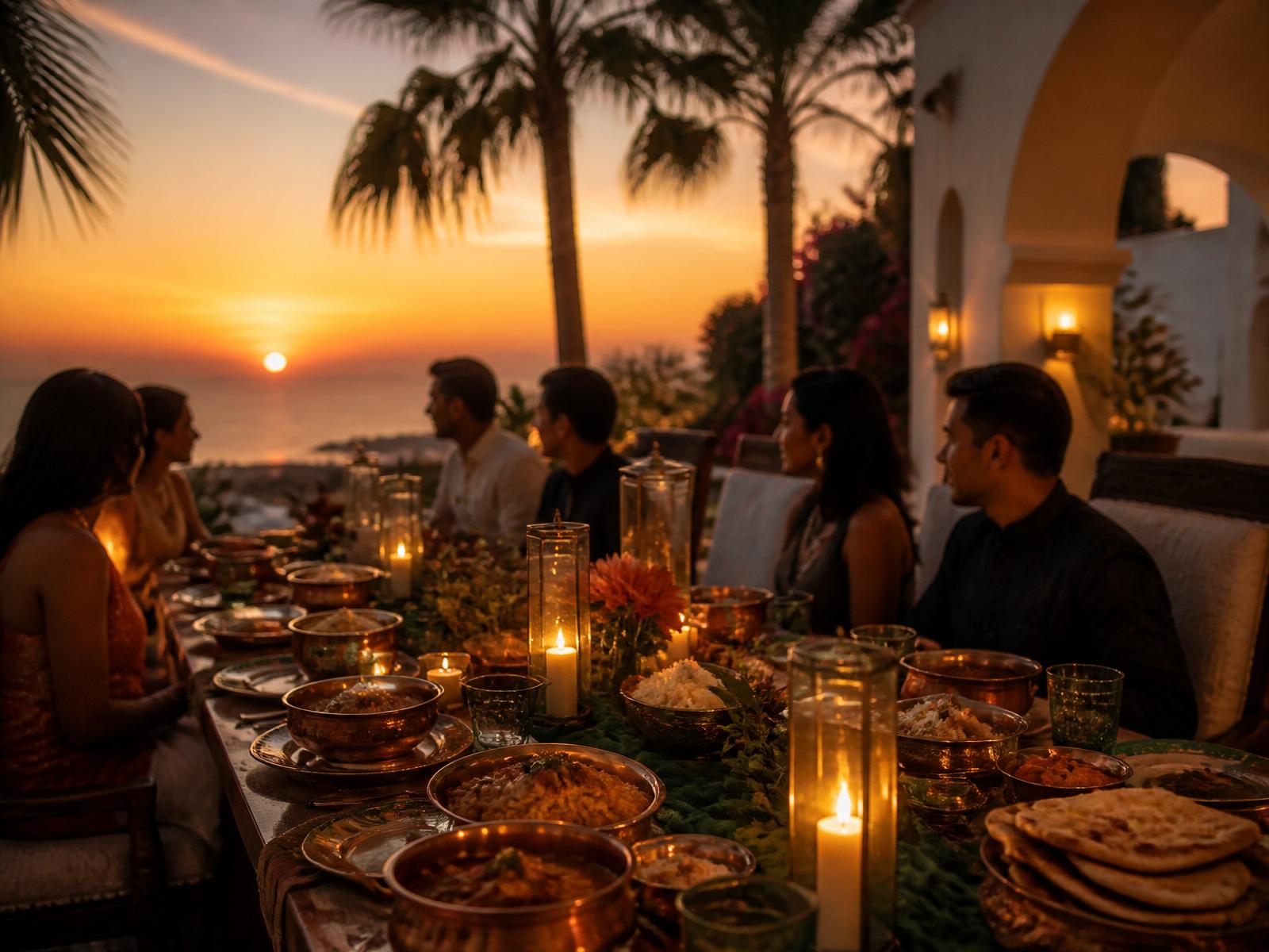 Private Indian villa dinner on a Costa del Sol terrace at sunset