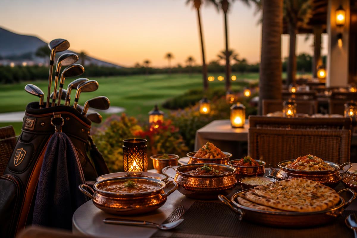 Golfbag ved siden av et terrassebord med indiske curryretter med utsikt over en fairway på Costa del Sol i solnedgang