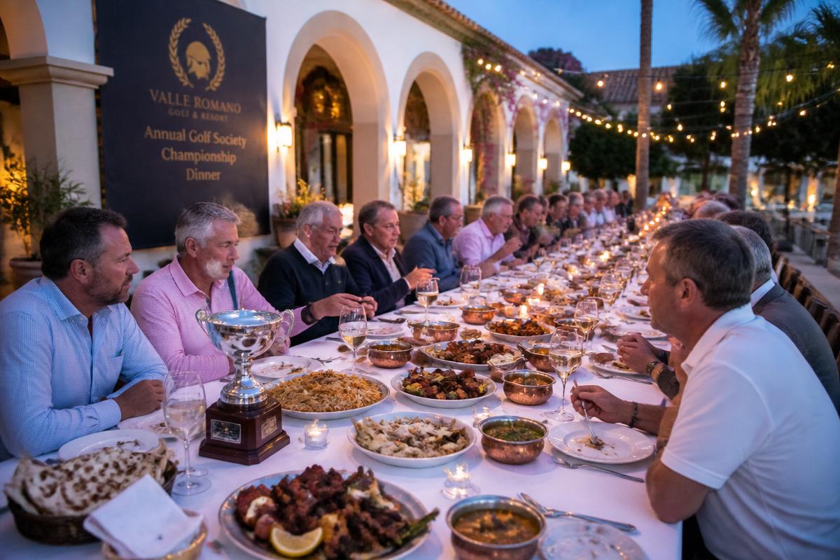 Langt bankettbord dekket med indiske delingsfat for en golfklubbmiddag på en villaterrasse