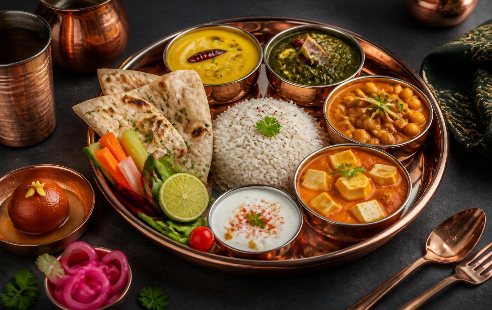 A colourful vegetarian Indian thali with paneer, dal and saag at MAA Estepona