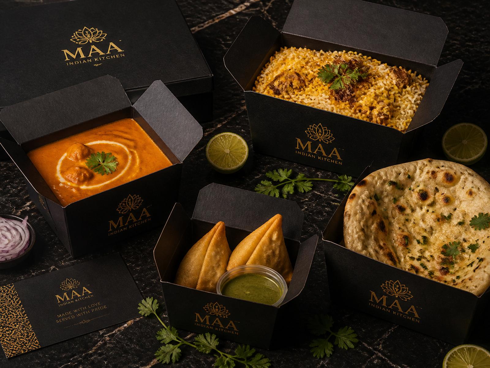 Luxury MAA branded Indian takeaway boxes with curry, biryani and naan