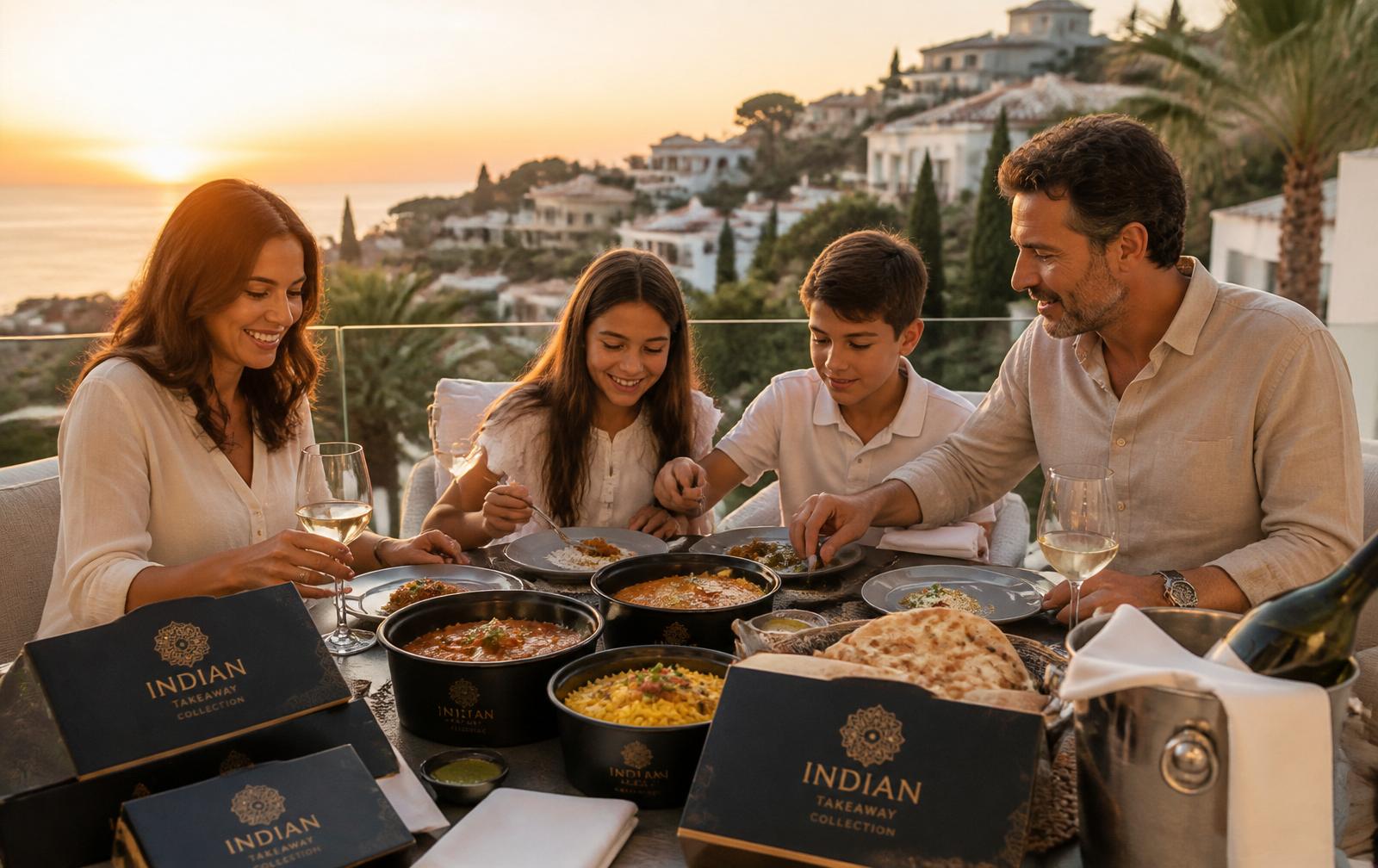 A family enjoying MAA Indian takeaway on a Costa del Sol terrace at sunset